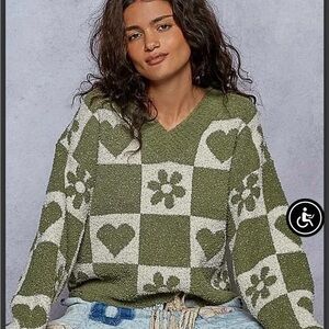 Floral Heart V-Neck Sweater in Olive and Cream